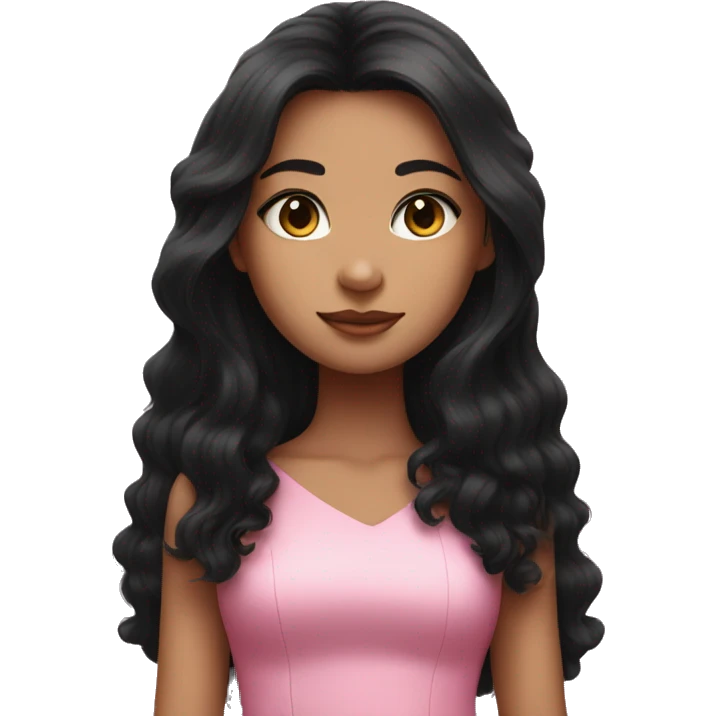 girl with long black hair in a pink dress with a black fluffy big cat emoji