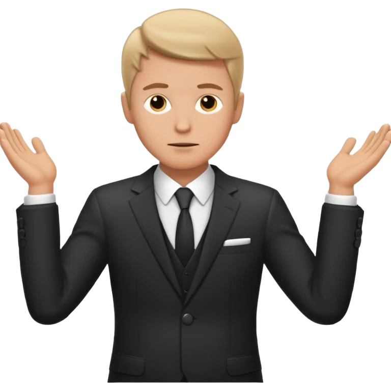white man in formal suit spreads his arms, face thinking emoji