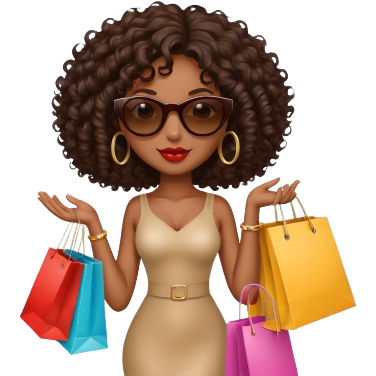 Rich dark brown girl with dark brown mid-length curly hair expensive retail shopping bags and sunglasses emoji