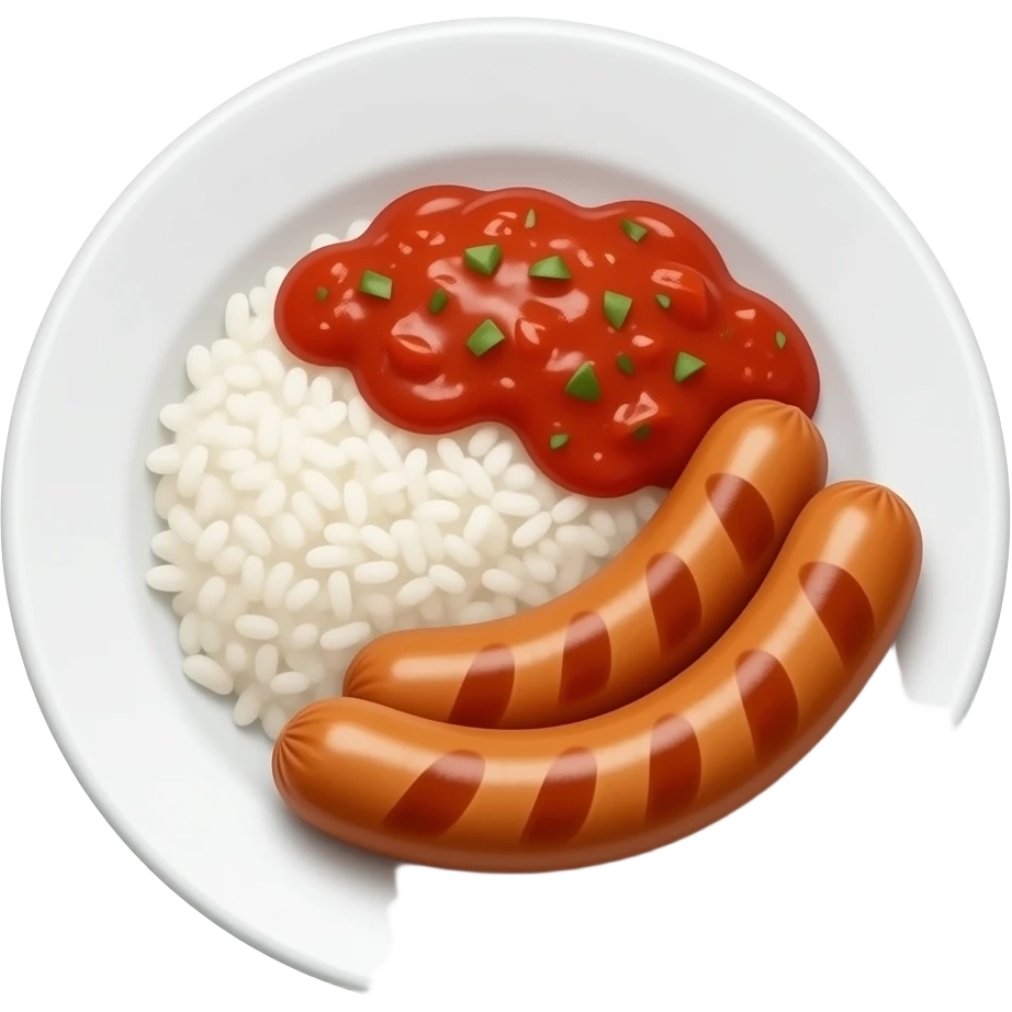 white rice and sausages with tomato sauce on a plate emoji