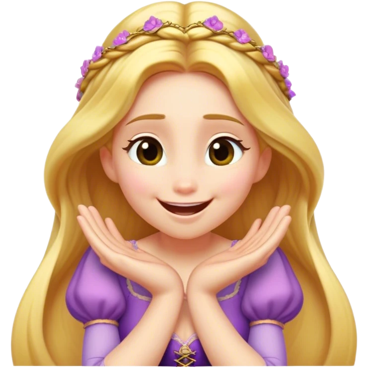 Cinematic Playful Rapunzel Portrait Emoji, Giggling as Pascal sits atop her head, hands cupped over her mouth in a moment of pure joy, her radiance shining through, utterly enchanting! emoji