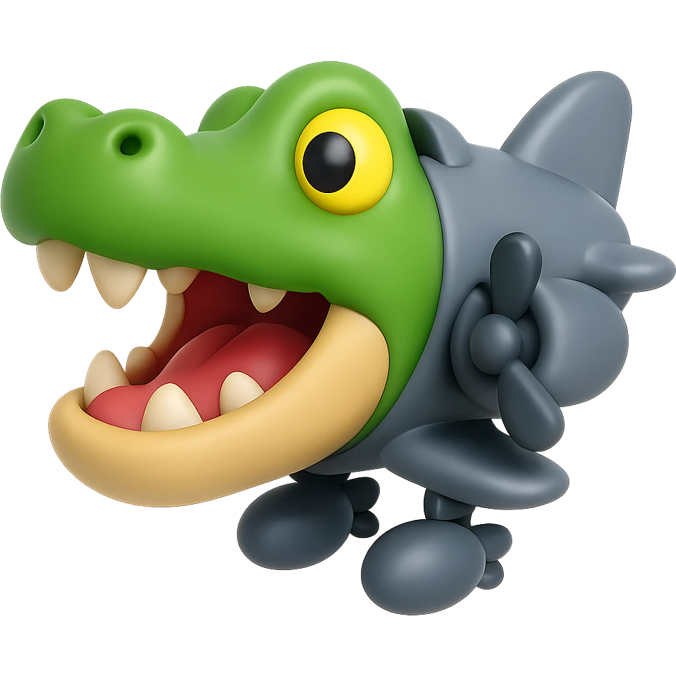 Create a 3D emoji-style version of a crocodile-airplane hybrid character. Keep the green crocodile head, airplane body, propeller, and bombs. The look should be playful and cartoonish. Remove the background. Use a 3D emoji style as reference for the design. emoji