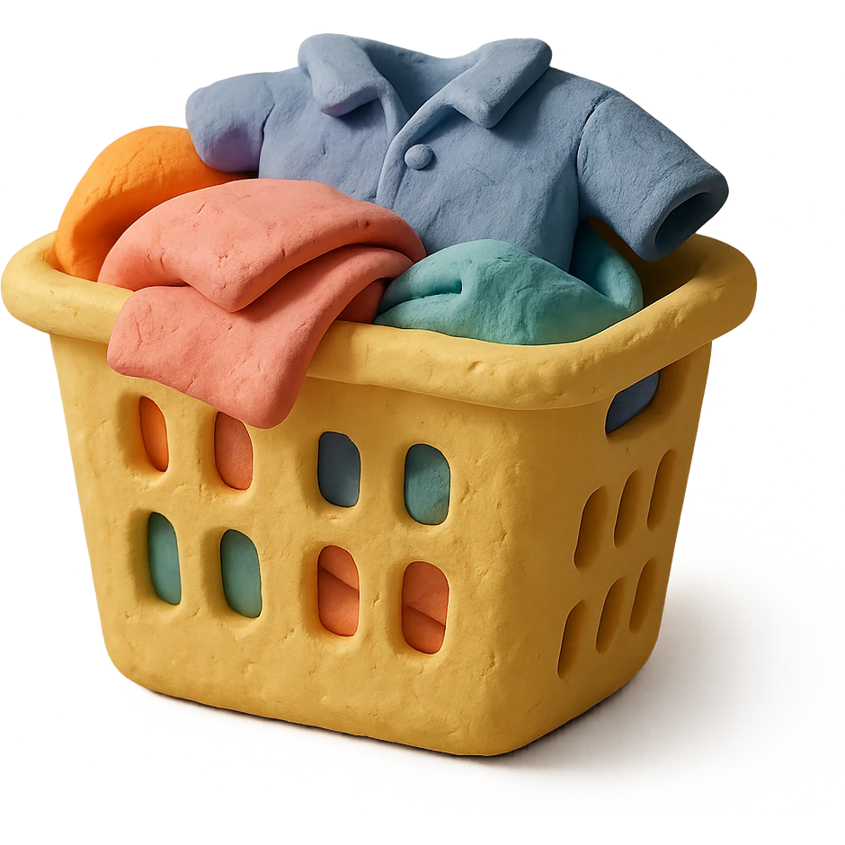 laundry basket with towels and shirts peeking out, pastel colors, claymation style emoji
