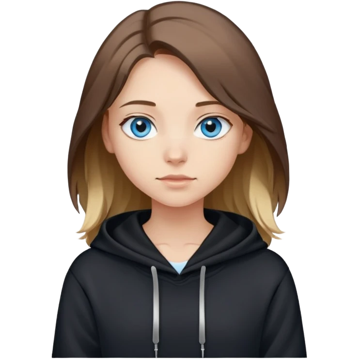 girl with blue eyes, shoulder-length brown hair with light blonde streaks, wearing a black hoodie emoji