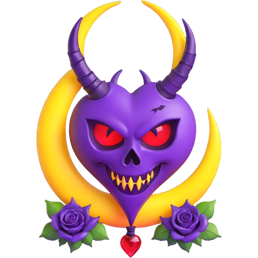 devil heart made of dark purple glass with twisted devil horns, spade tail, black roses entwined, crescent moon above, neon lightning, heavy rain, splintered glass emoji