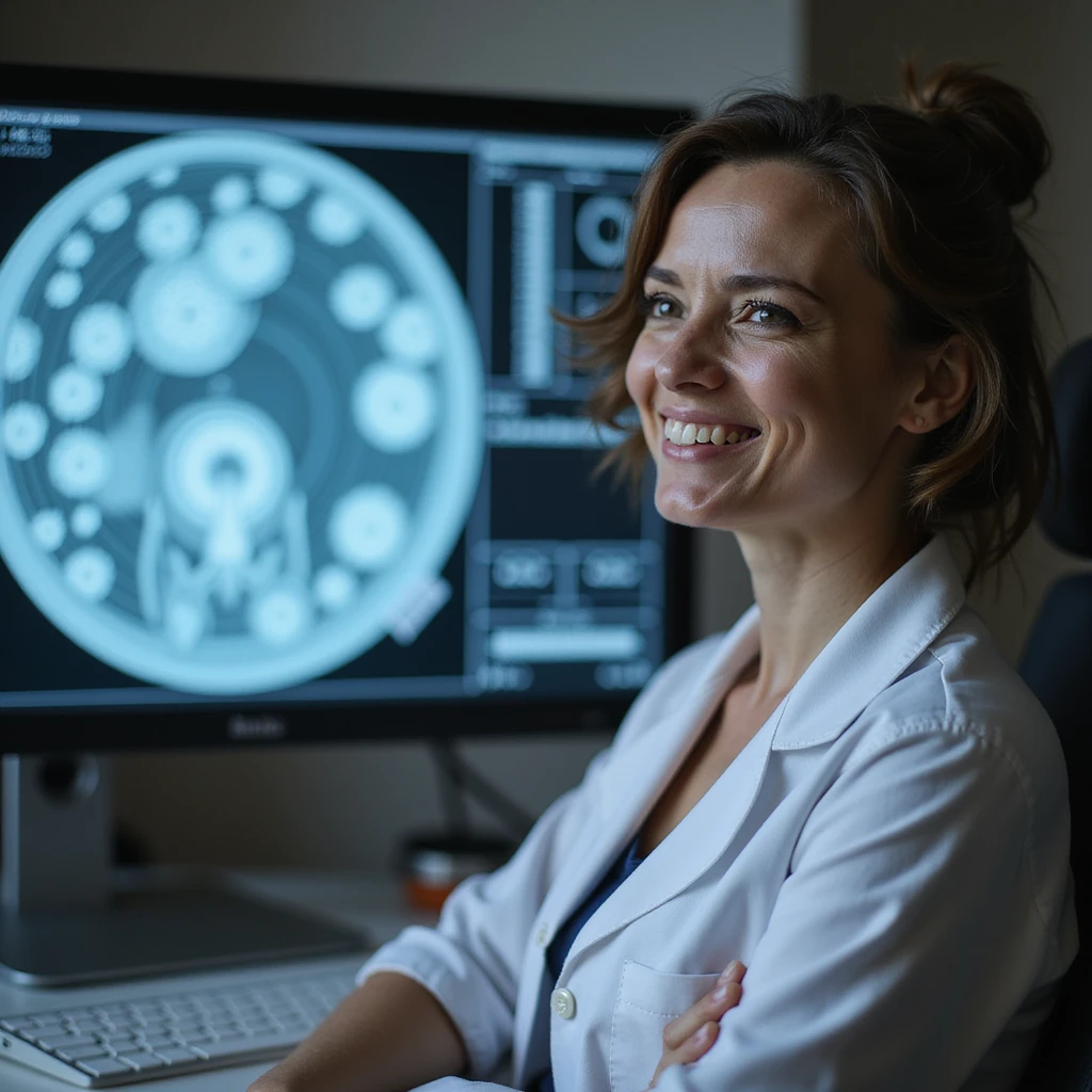 woman with PCOS in medical office next to monitor showing enhanced oocytes, expression of relief and hope, realistic photography emoji
