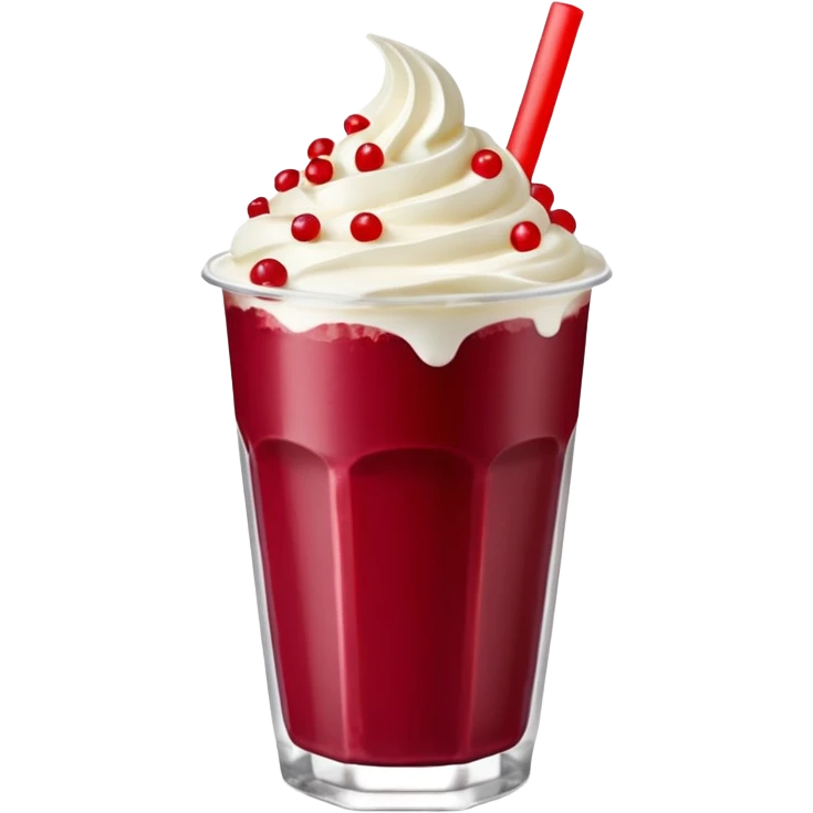 crea una bebida de red velvet con bolitas de yogurt como topping en vaso de plastico con popote emoji