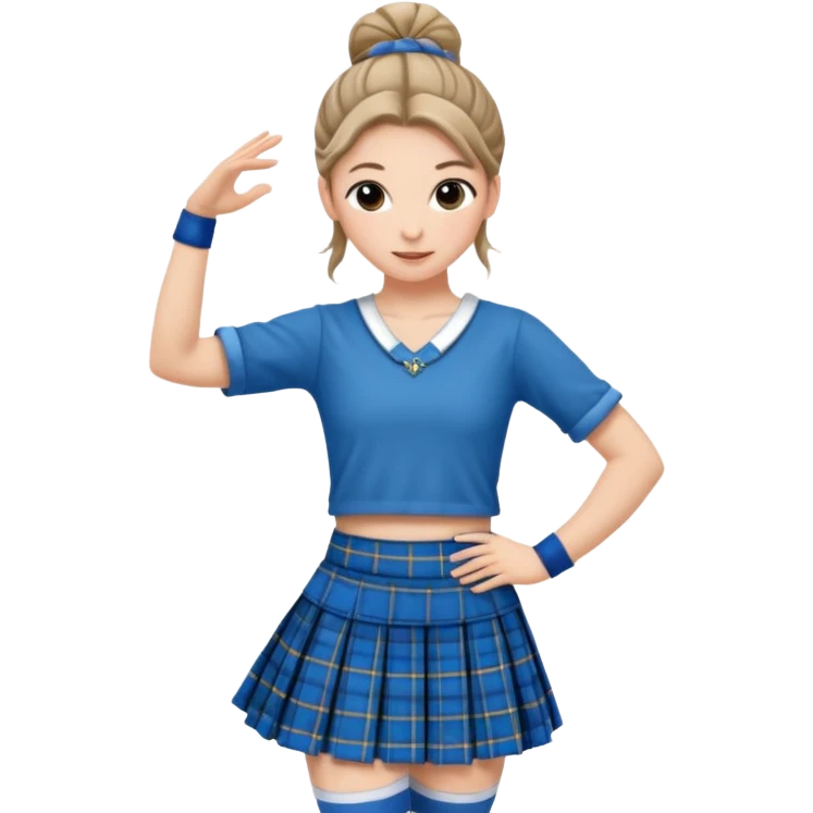 Female highland dancer with hair in bun wearing blue plaid kilt and dancing emoji