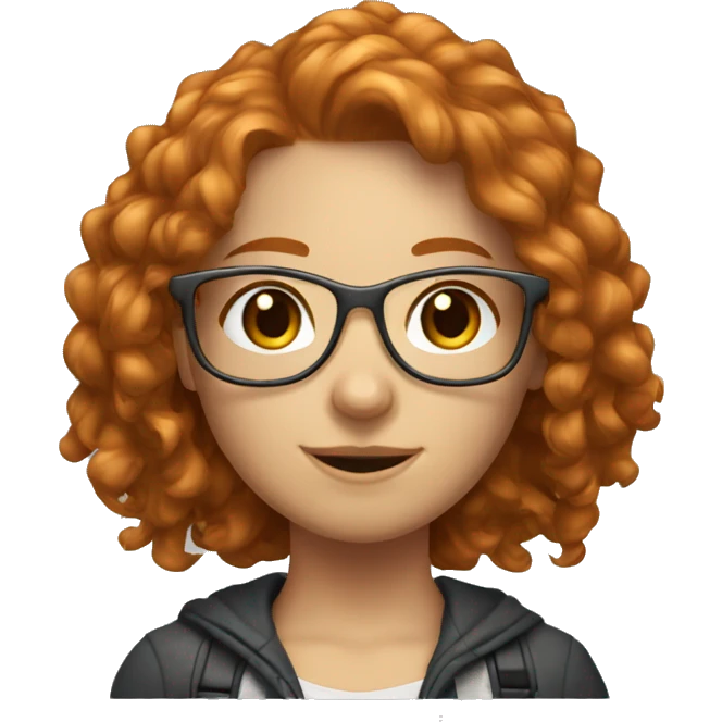 ginger gamer girl with long curly hair, brown eyes, thin metal glasses emoji