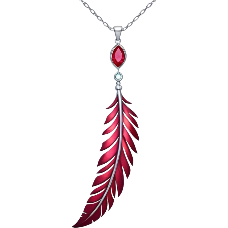 phoenix feather-inspired ruby pendant with cosmic aura, deep red glow, silver chain flowing like water, feather-like textures emoji