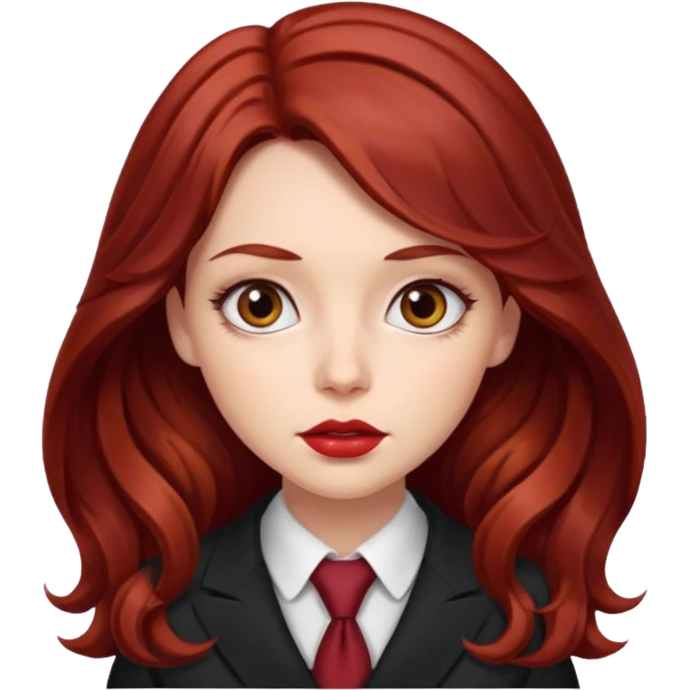 long and wavy dark red haired girl, with thick lips, big eyes and she looks like an attorney but feminine emoji