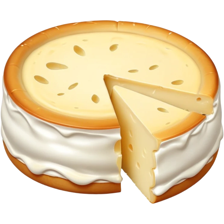 cinematic-realistic-brie-cheese-emoji,-featuring-a-creamy gooey center,-soft-ripened-cheese-with-a-delicate white rind-rendered-with-lifelike-detail-and-inviting,-natural-lightingwith a slide showing the gooey center emoji