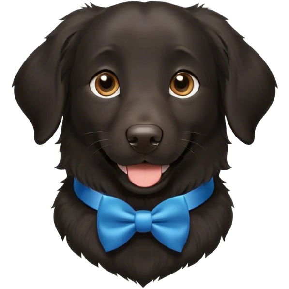 Black, flat-coated retriever, smooth fur with  fluffy ears, smiling face, blue bow tie collar, brown eyes emoji