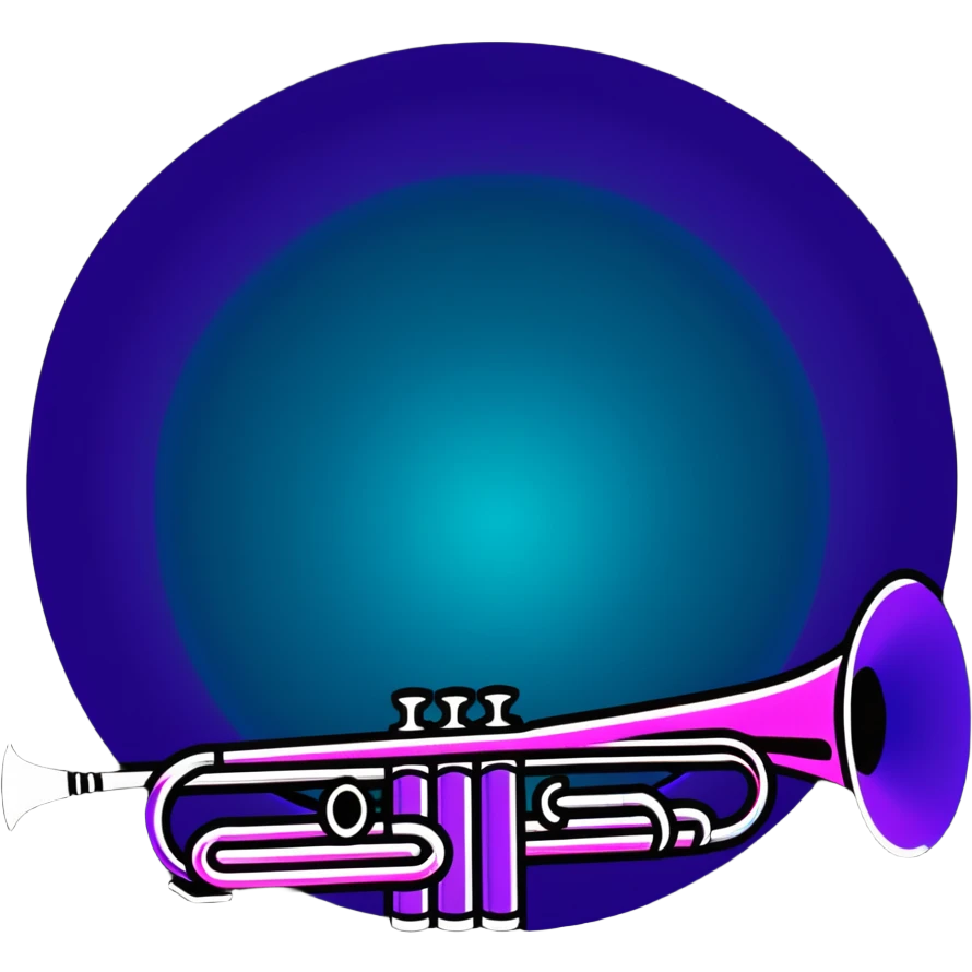 trumpet horn with neon glow effect, blue neon glow on top left, purple neon glow on bottom right emoji