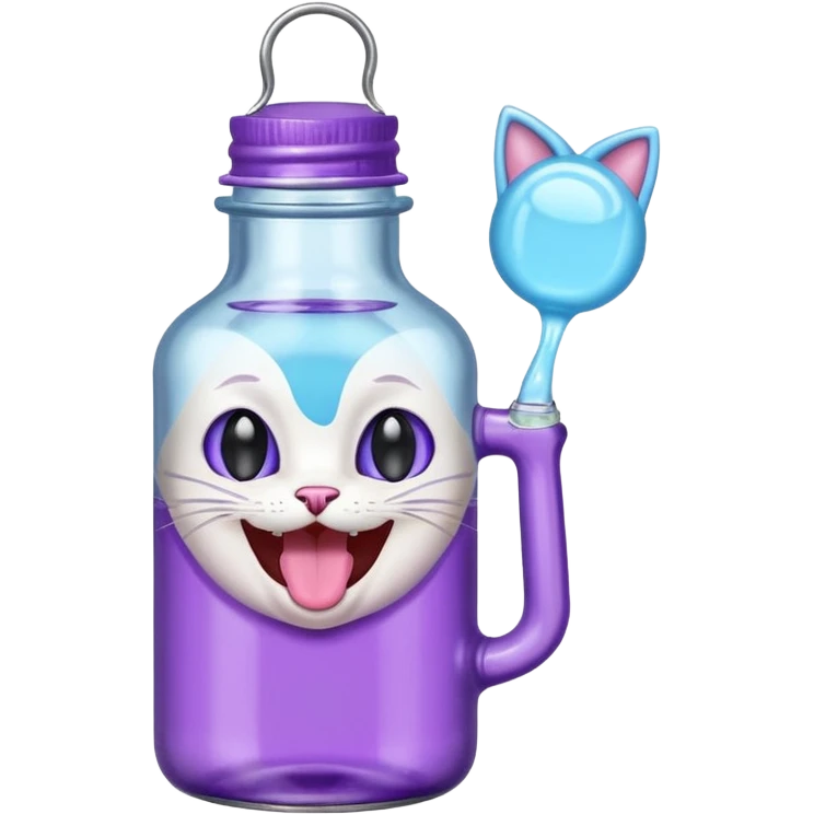Smiling bottle of oil light purple top and light blue sticking tongue out and with cat ears emoji