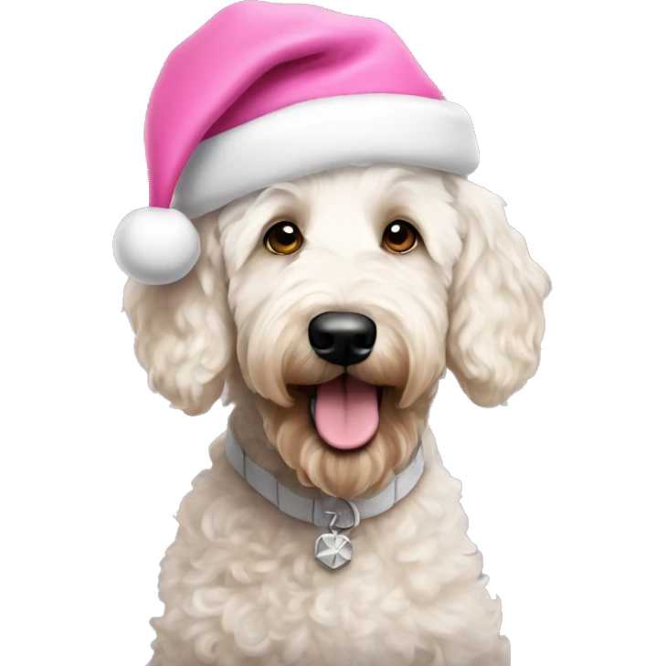 White goldendoodle wearing pink Santa hat emoji