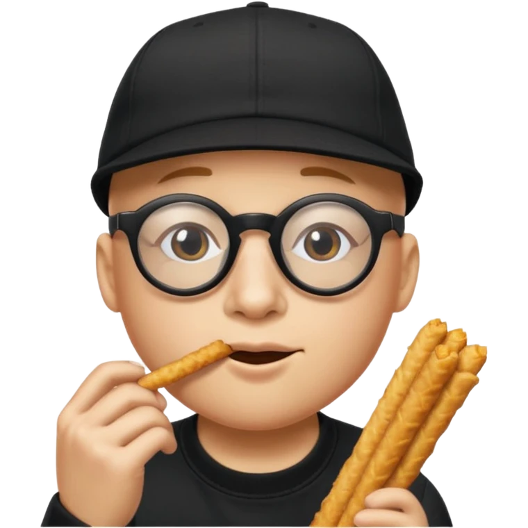 num num eatting hashbrown sticks with a plain black cap and glasses no hair add the words Rollin' 18 to hat emoji