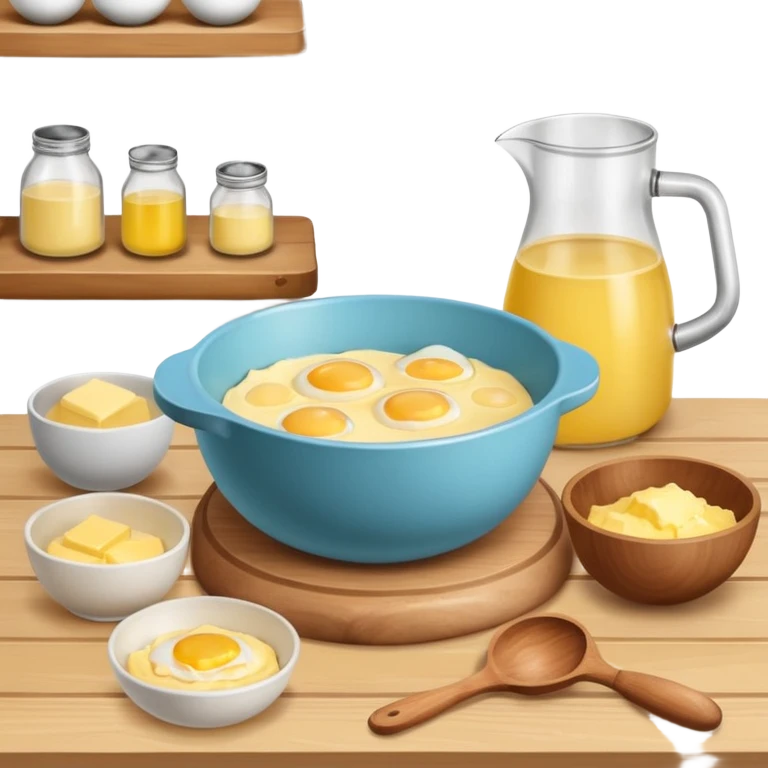 baking preperation with mixing bowl with uncracked eggs and butter emoji