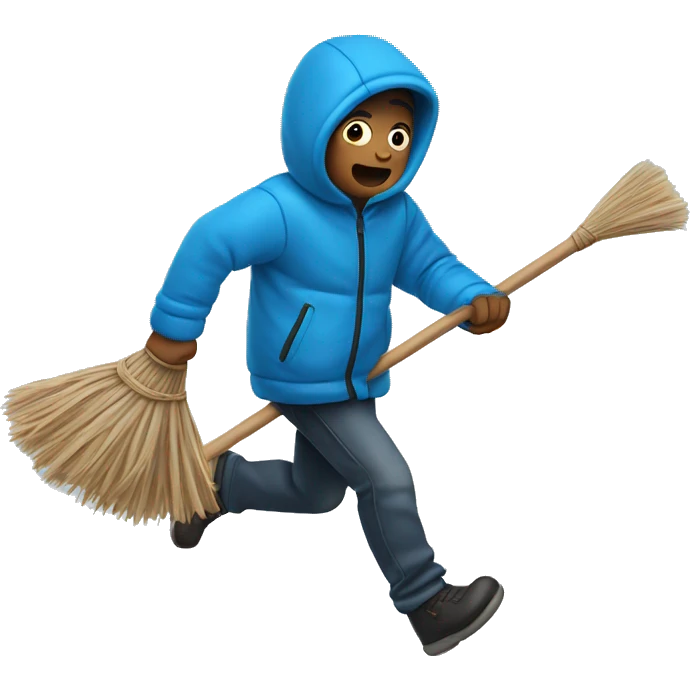 a scared boy wearing a blue puffer jacket running away holding a broom emoji