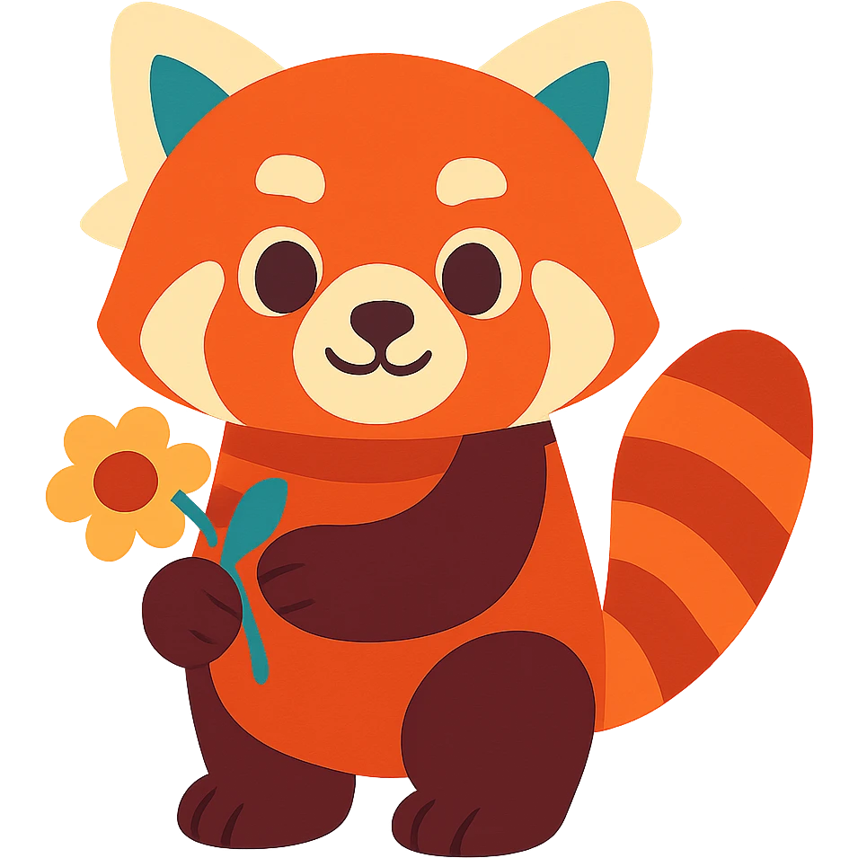 A red panda holding a small flower, bright and playful colors emoji