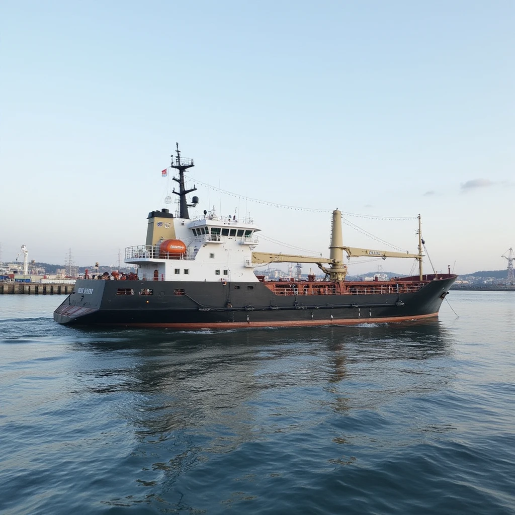 small modern merchant ship, in a harbor emoji