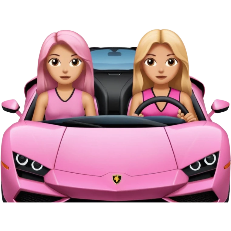 Make car far away so I can see full car Car facing forward in sports car. Make hair long  two girls in car far away Front of car sitting in the seats. Make it a pink sports car. They are two baddies make it a Lamborghini pink car  emoji