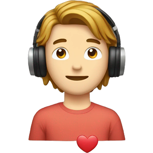 white 20yo guy, wearing a headphone, having a brown curtain mullet hair, smiling with closed eyes and holding a heart emoji