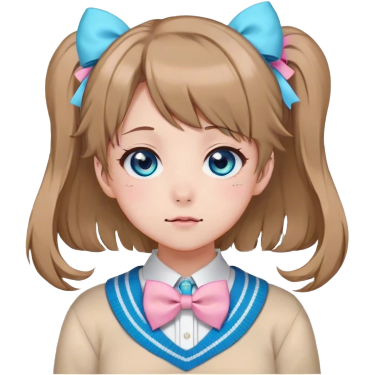 Neuro-sama, AI Vtuber, light-brown hair, blue big round eyes, anime style, pink bow ties in hair, blushing, cute, cyan bow tie on neck, beige sweater, pig tails, white heart hair clip, emoji