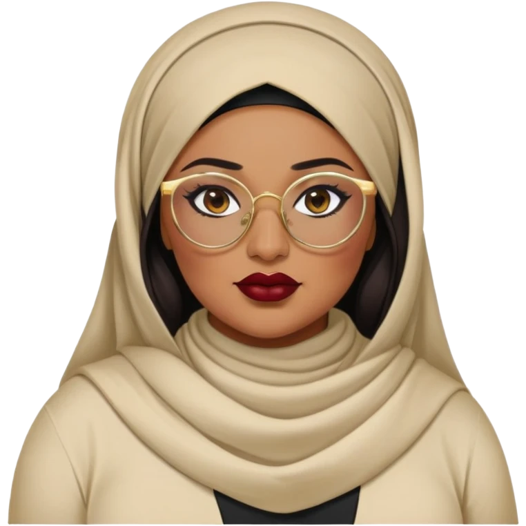 big plus size, latina, darker tan skin, gold hoops, hijab, baddie,pretty, makeup, dark red lipgloss, black eyeliner, long hair, black shirt, black glasses emoji