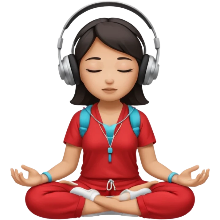 An East Asian woman🧘🏻‍♀️ is sitting cross-legged in a meditation pose, wearing Apple headphones🎧 and listening to music. The song is so beautiful that she has her eyes closed and tears streaming down her face. emoji