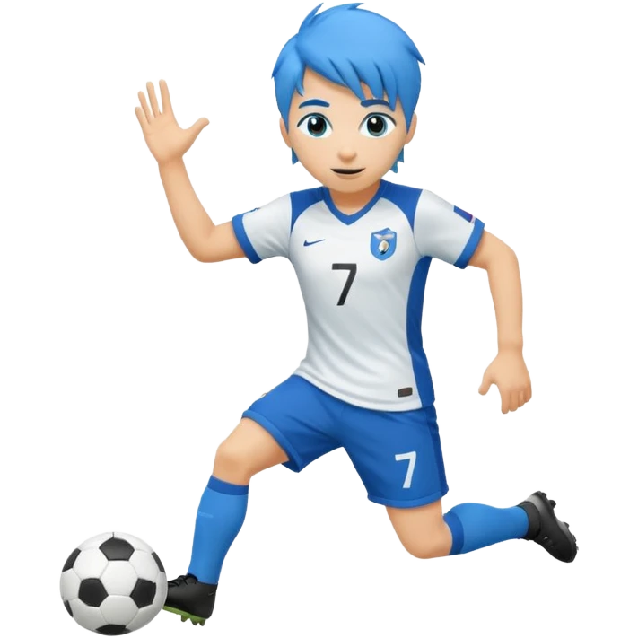 Stwórz emoji przedstawiające piłkarza ⚽ z niebieskimi włosami 💙, w koszulce z numerem 7 👕7, dynamiczna poza, energia i ruch ✨🔥 emoji