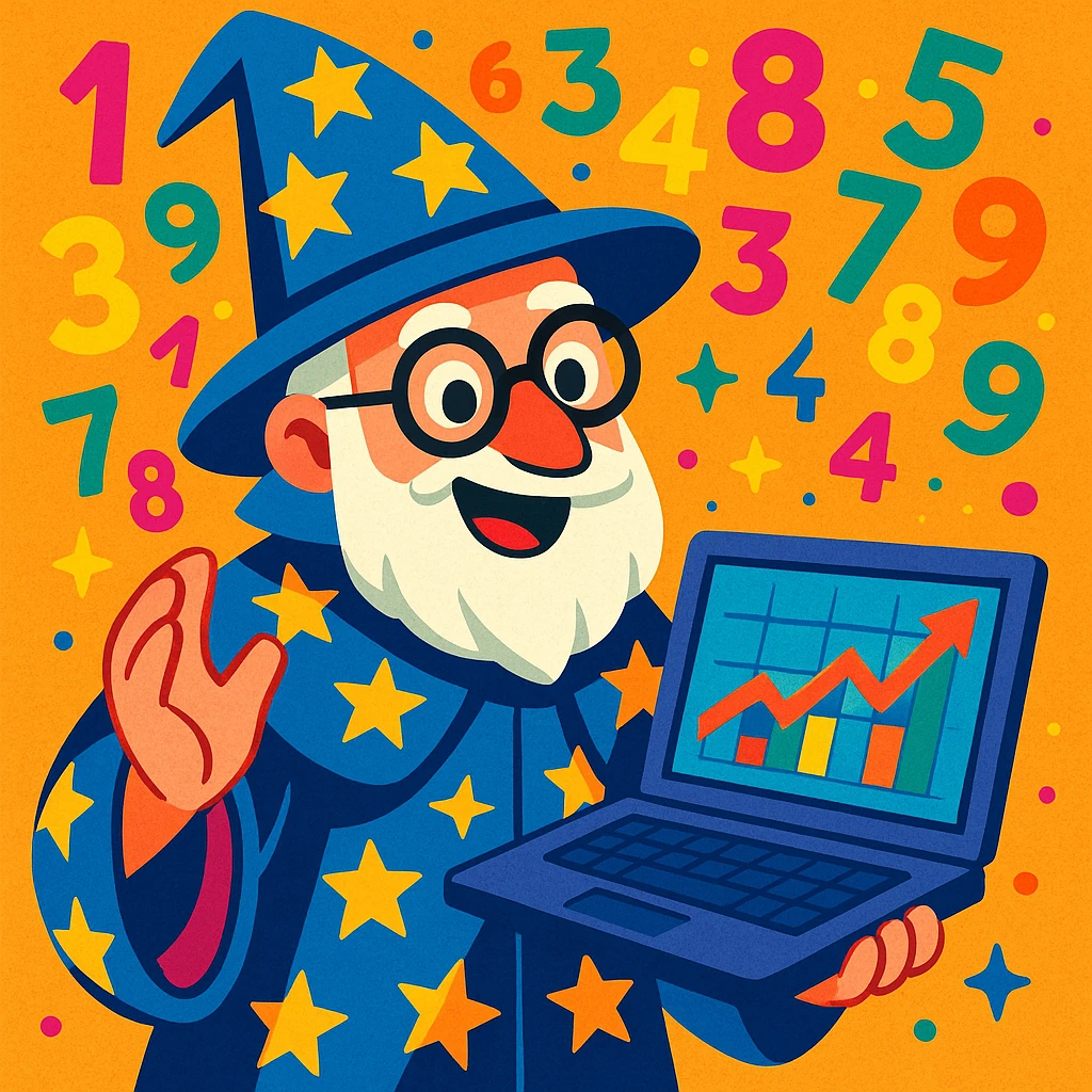 finance wizard character holding a laptop with a finance chart on the screen and flying numbers, vibrant and magical style emoji
