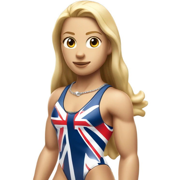 A girl with long blonde hair with wide shoulders wearing a Great Britain rowing swimming suit and has toned muscles and add a necklace that has a sea shell pendant on it. The necklace is around the neck and the pendant is on her chest emoji