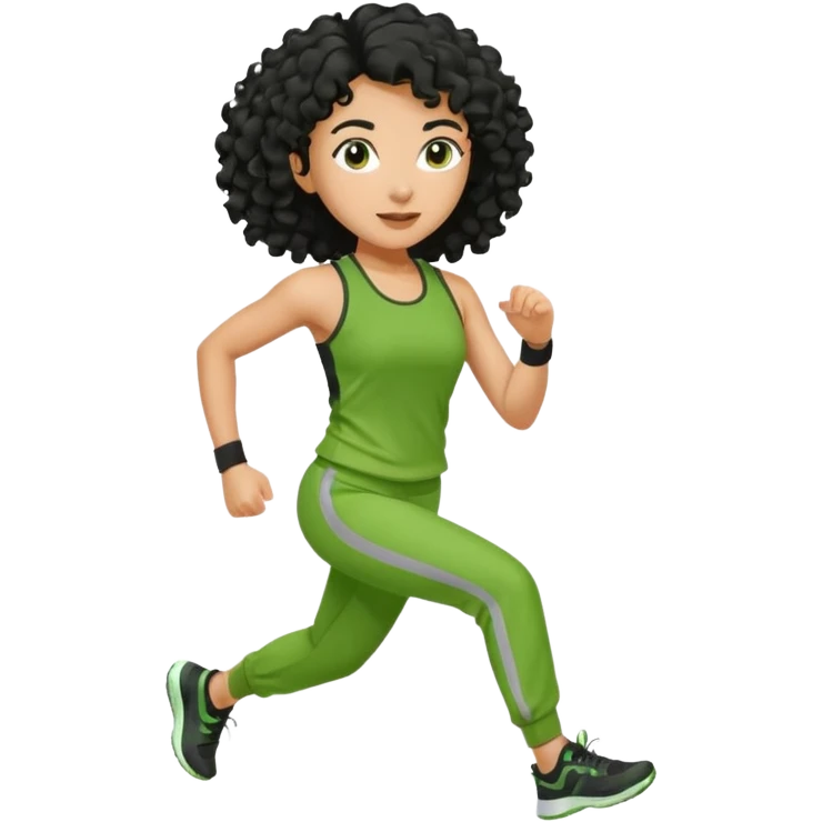 a woman with olive skin tone and curly black hair wearing green and jogging emoji