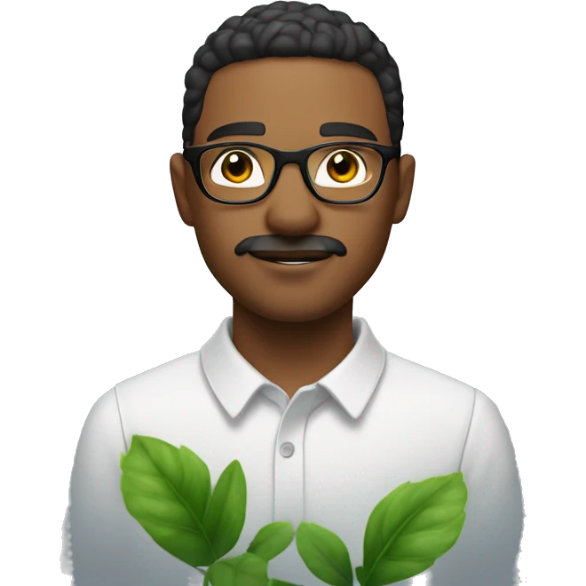 A young man with short, dark, slightly wet-looking hair, a trimmed mustache, and stubble. He wears round glasses that frame his focused eyes. The background has a frosty white blur effect, with a green plant behind him. emoji