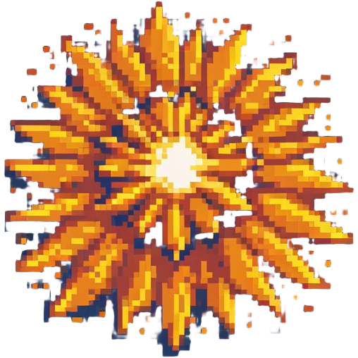 Bomberman explosion center tile animation frame 1, slightly smaller bright fiery explosion core, yellows and oranges, clean pixel art edges, beginning of explosion emoji