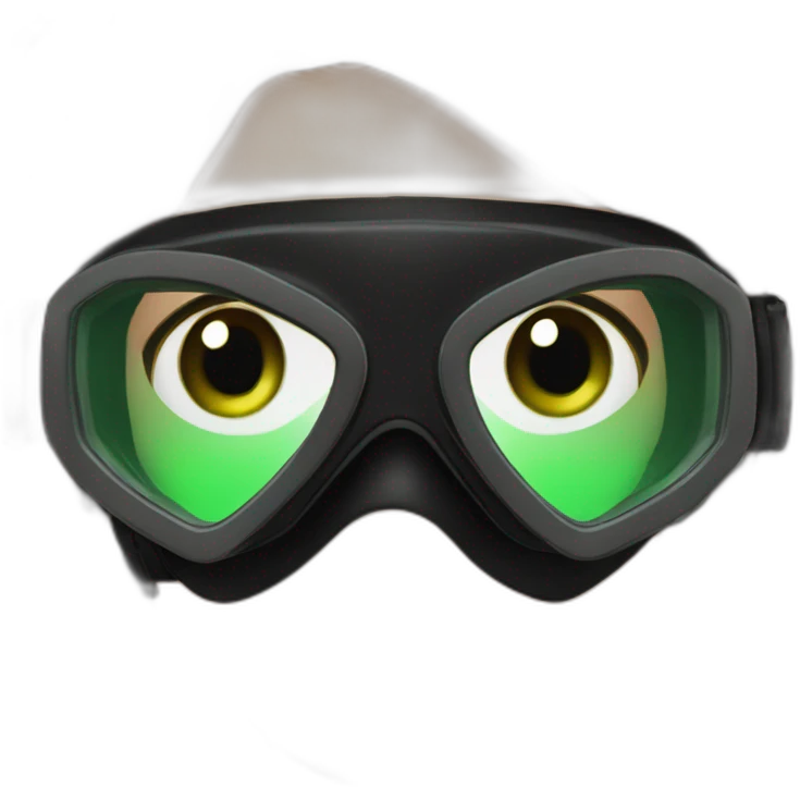 woman long brown hair black diving mask with a single crystal, green eyes, scubadiving gear emoji