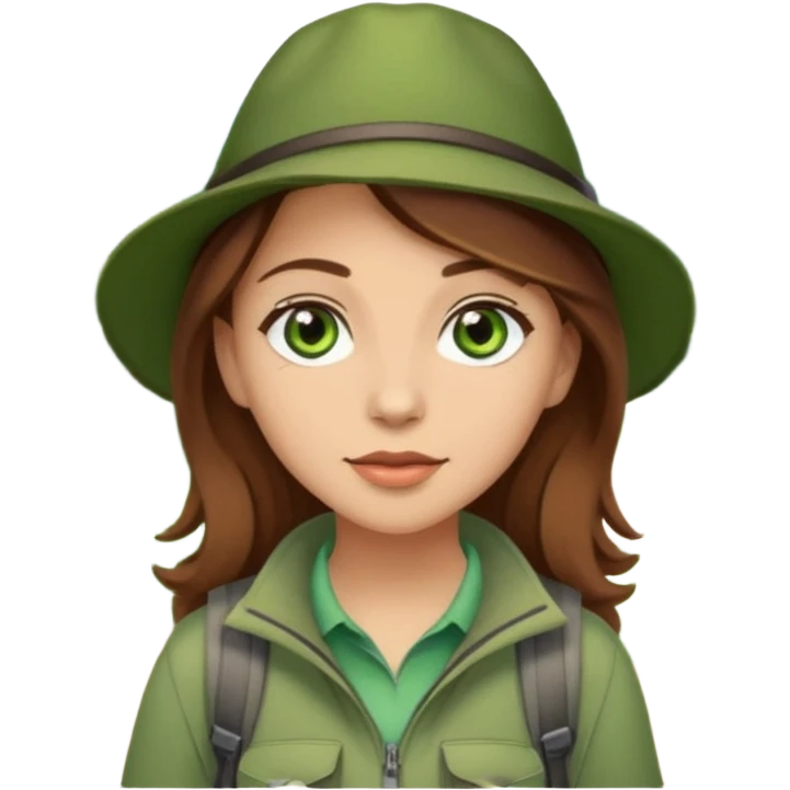 woman hiking in the woods in the sunshine. light face and green eyes. wearing a hat, brown hair emoji