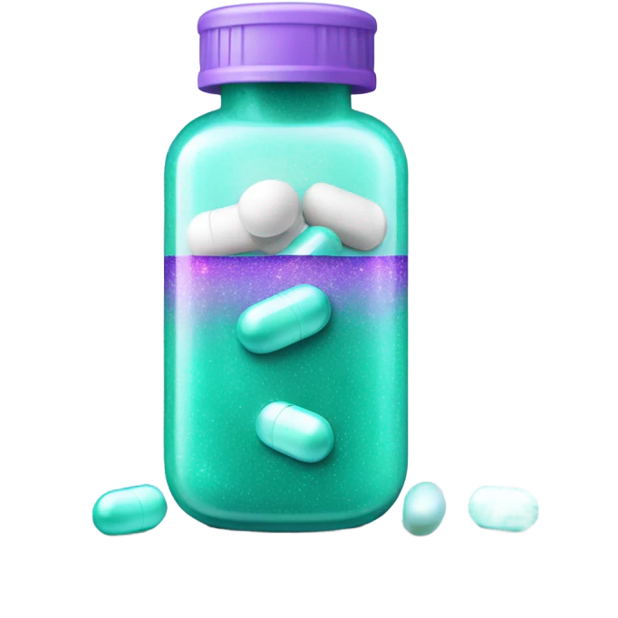 white pill bottle with teal medicine capsule, sparkles and texture light purple emoji