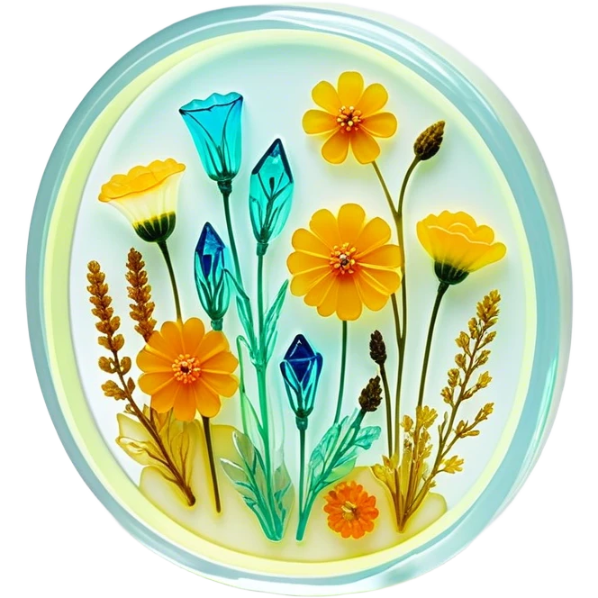 Epoxy resin art icon, jewelry and decorative items made with fluorescent epoxy resin, glowing effect on the resin, finished resin jewelry with dried flowers embedded inside, visible tubes of resin with bright colors, mixing tools, and molds, minimalistic style, clean lines, transparent background emoji