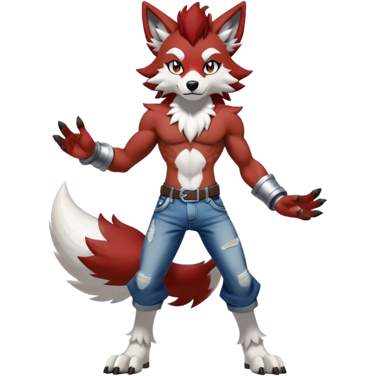 Shiny Red Anthro furry Lycanroc-Midnight-Form (full body) emoji
