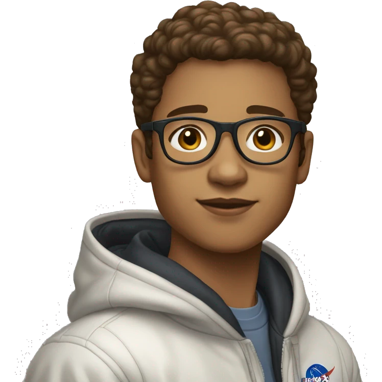 light skin boy with short brown hair to one side, beauty mark,, and pilot glasses in a nasa hoodie emoji