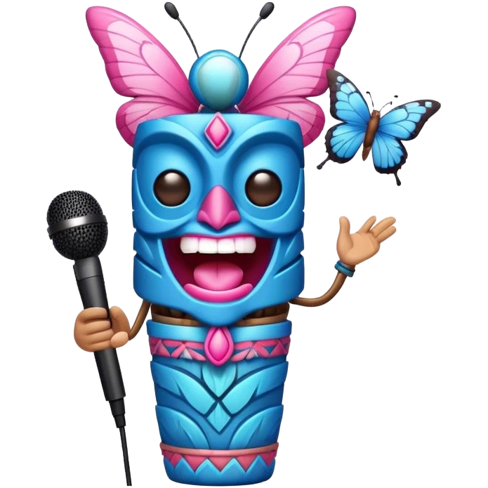 Cartoon Blue and pink tiki singing with butterfly and in the mikrophone emoji