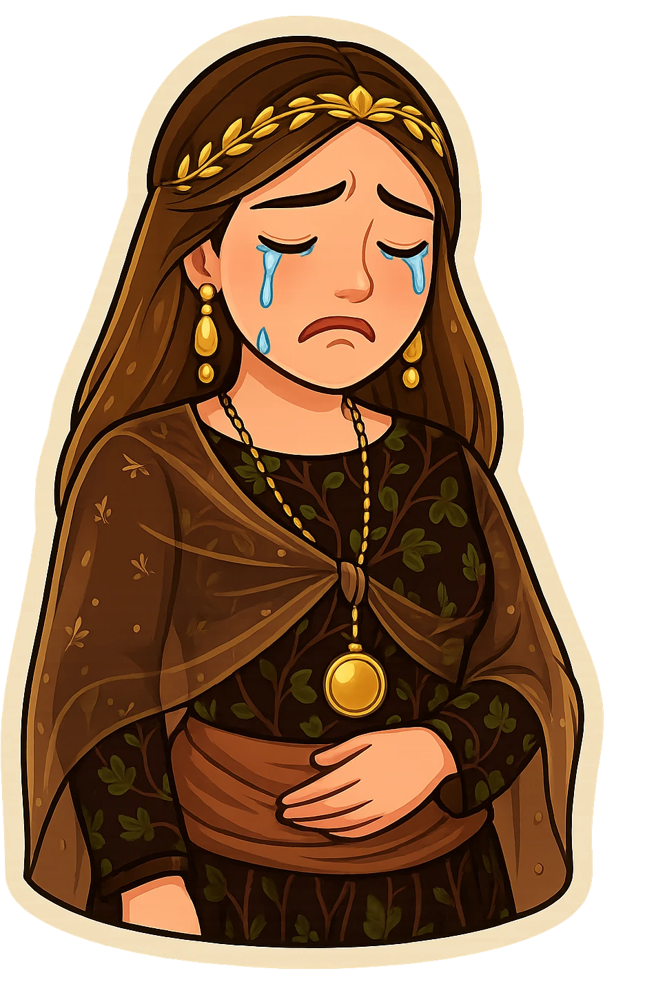 Kurdish cartoon sticker of the same woman in the new dress, crying with tears streaming down, sad face, no text, transparent background emoji