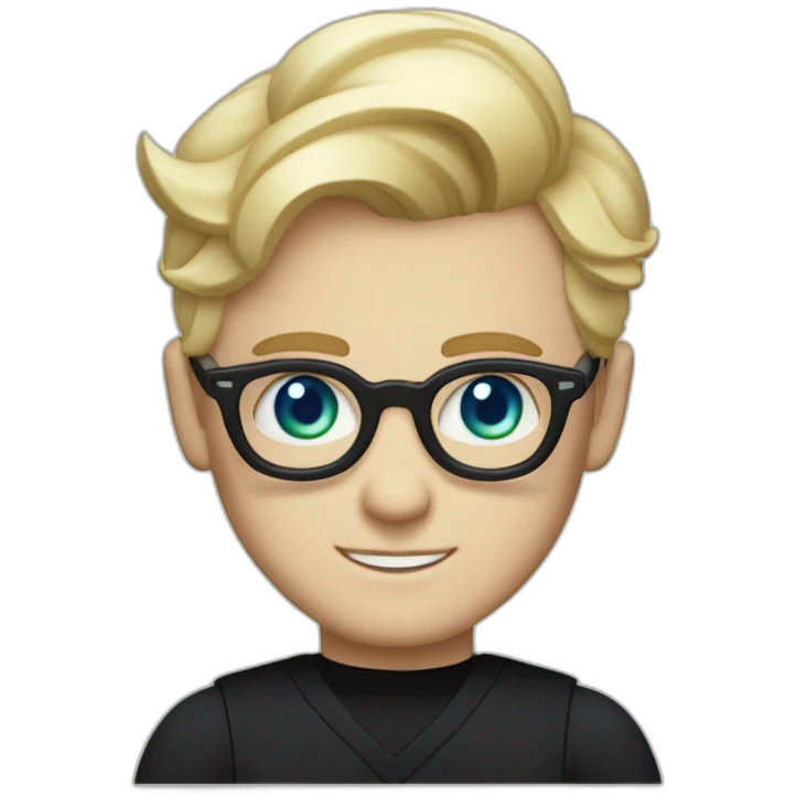 blonde hair white male wearing black shirt with bold blue thick glasses green eyes and blonde hair comb over Gatsby style emoji