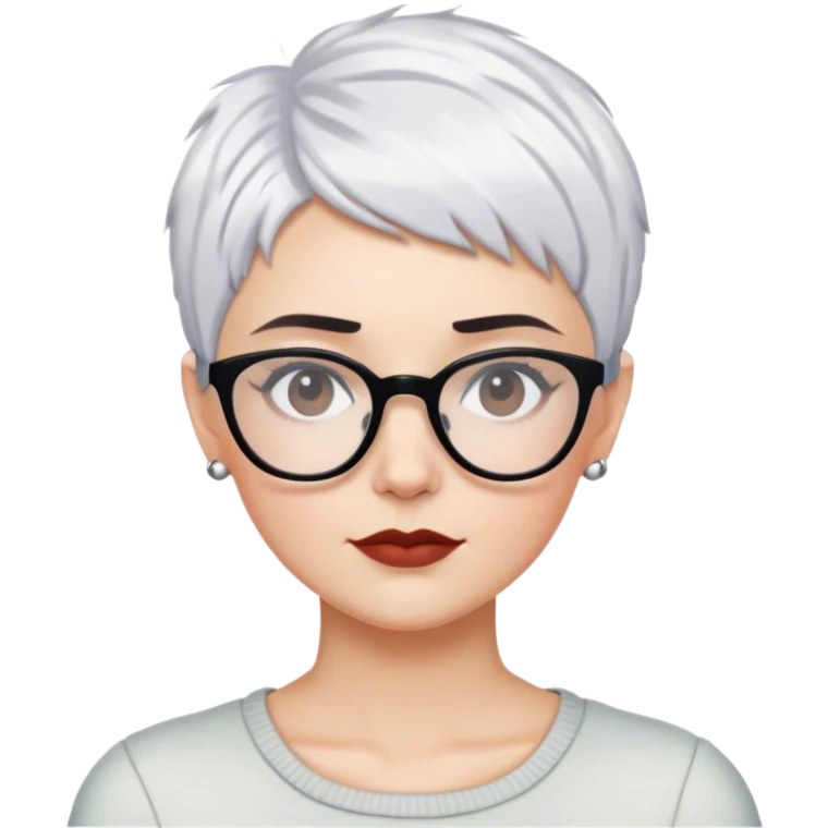 White woman with cropped choppy short pixie white hair, dark brows, glasses emoji