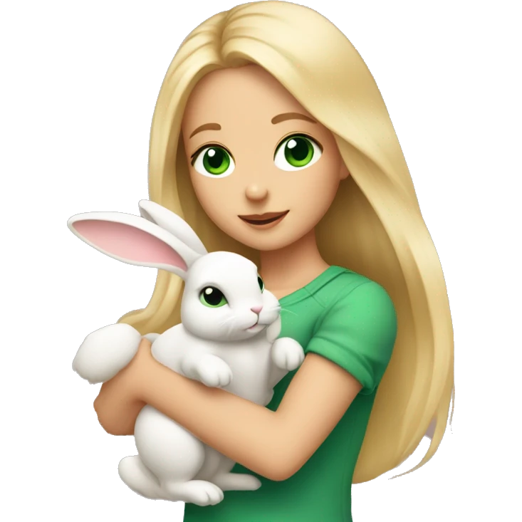 Girl with long blonde hair and green eyes holding a cute bunny in her arms emoji