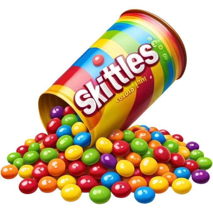 Skittles candy package spilling colorful round candies, rainbow colors emoji