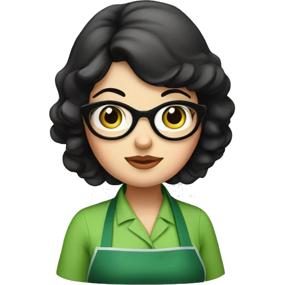 chubby lady with black hair and big eyes green apron  with glasses cooking  emoji