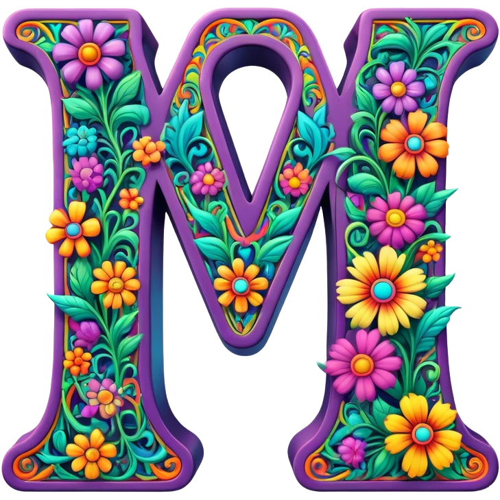3D, gothic style psychedelic colored capital Letter M with hippie style flower border emoji
